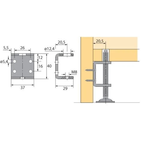 Equerre Double - Décor : Zingué - Filetage : M8 - Hauteur : 40 Mm - Matériau : Acier - HETTICH 4 Equerre Double - Décor : Zingué - Filetage : M8 - Hauteur : 40 Mm - Matériau : Acier - HETTICH – Image 2
