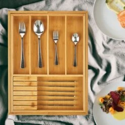 Relaxdays Range-couverts Bambou, Bac à Couvert, 2 Blocs à Couteaux, Tiroir, Cuisine, Bois, HxLxP 5 X 56 X 43 Cm, Nature -Fispool Magasin 17981830 3