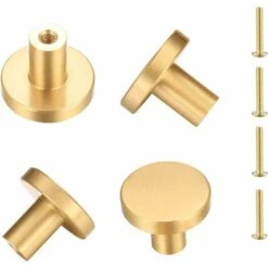 Poignee De Porte Laiton Massif Rond, Poignée De Meuble, Poignée Boutons De Tirage Tiroir Armoire Placards Commode Cuisine, Monotrou Poignée Doree - 4 Pièces(25 X 20 Mm)