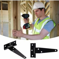 10 Pcs Charnière En T Robuste Noir Antirouille Avec Vis De Charnière De Porte, Charnière De Portail En Bois De Jardin, Charnière De Porte Extérieure Durable, DIY Hangar Porte, Fenêtre, Garage, 12 Pouc -Fispool Magasin 42989945 3