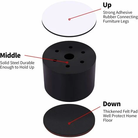 Pieds Surélevés Pour Meubles 4 Pièces, Rehausseur De Lit De 6 Cm De Long, Canapé-lit Et Armoires Pouvant S'élever De 5 Cm, Rond Noir BF 5 Pieds Surélevés Pour Meubles 4 Pièces, Rehausseur De Lit De 6 Cm De Long, Canapé-lit Et Armoires Pouvant S'élever De 5 Cm, Rond Noir BF – Image 3