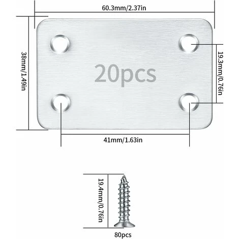 20 Pièces Plaques D'assemblage Perforée Plates, Fixation Droits Plats Plaques, Connecteurs Equerre Fixatio Plats, Connecteur Plaques De Raccord - 38x60 Mm 4 20 Pièces Plaques D'assemblage Perforée Plates, Fixation Droits Plats Plaques, Connecteurs Equerre Fixatio Plats, Connecteur Plaques De Raccord - 38x60 Mm – Image 2