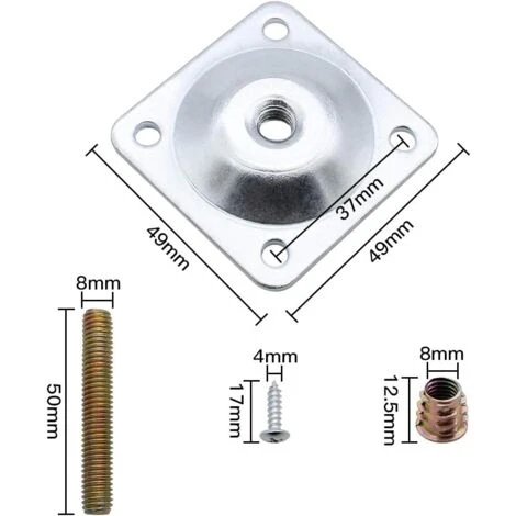 Lot De 4 Plaques De Montage De Pieds De Meubles Metal Carré Plaques De Fixation Avec Boulons De Suspension Et Vis Adaptateurs Fourniture Pour Table Fauteuil Jambes De Canapé Sièges - Argent 4 Lot De 4 Plaques De Montage De Pieds De Meubles Metal Carré Plaques De Fixation Avec Boulons De Suspension Et Vis Adaptateurs Fourniture Pour Table Fauteuil Jambes De Canapé Sièges - Argent – Image 2