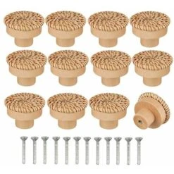 Lot De 12 Boutons De Commode Ronds En Rotin De Style Bohème - Fabriqués à La Main - Avec Vis - Pour Meubles En Bois - Pour Commode, Tiroirs, Armoire