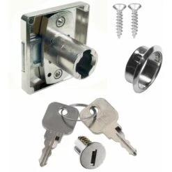 Serrure à Pêne Dormant En Acier Nickelé Barillet Rosace Clés Vis De Remplacement Meuble Armoire Secrétaire Bureau Buffet Tiroir, Droite