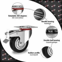 Set De 4 Roulettes Pivotantes 75 Mm Avec Frein - Roulettes Pour Meubles Jusqu'à 200 Kg - Charge Lourde - Caoutchouc Pour Intérieur Et Extérieur - Roues Industrielles Hauteur Totale 95 Mm 9 Set De 4 Roulettes Pivotantes 75 Mm Avec Frein - Roulettes Pour Meubles Jusqu'à 200 Kg - Charge Lourde - Caoutchouc Pour Intérieur Et Extérieur - Roues Industrielles Hauteur Totale 95 Mm -Fispool Magasin 95134672 3