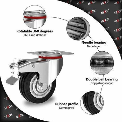 Set De 4 Roulettes Pivotantes 75 Mm Avec Frein - Roulettes Pour Meubles Jusqu'à 200 Kg - Charge Lourde - Caoutchouc Pour Intérieur Et Extérieur - Roues Industrielles Hauteur Totale 95 Mm 5 Set De 4 Roulettes Pivotantes 75 Mm Avec Frein - Roulettes Pour Meubles Jusqu'à 200 Kg - Charge Lourde - Caoutchouc Pour Intérieur Et Extérieur - Roues Industrielles Hauteur Totale 95 Mm – Image 3