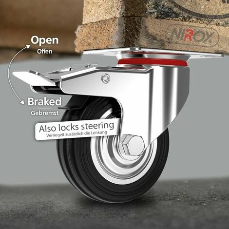 Set De 4 Roulettes Pivotantes 75 Mm Avec Frein - Roulettes Pour Meubles Jusqu'à 200 Kg - Charge Lourde - Caoutchouc Pour Intérieur Et Extérieur - Roues Industrielles Hauteur Totale 95 Mm 6 Set De 4 Roulettes Pivotantes 75 Mm Avec Frein - Roulettes Pour Meubles Jusqu'à 200 Kg - Charge Lourde - Caoutchouc Pour Intérieur Et Extérieur - Roues Industrielles Hauteur Totale 95 Mm – Image 4