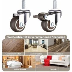 Roulette Pivotante Robuste En Caoutchouc à Tige Filetée M8 Pour Chariot à Main, Tables De Travail, Roues Meuble, 1.5 Inch, Diamètre Du Filetage : 8mm, Longueur 20mm, 2PCS Avec Frein + 2PCS Sans Frein -Fispool Magasin 95442688 3