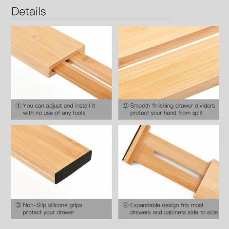Séparateurs De Tiroirs Réglables En Bambou, Organisateur De Tiroir Cuisine, à Ressort, Cuisine, Commode, Salle De Bain, Chambre à Coucher, Tiroir Bébé, Bureau (lot De 4) Système D'organisation 5 Séparateurs De Tiroirs Réglables En Bambou, Organisateur De Tiroir Cuisine, à Ressort, Cuisine, Commode, Salle De Bain, Chambre à Coucher, Tiroir Bébé, Bureau (lot De 4) Système D'organisation – Image 3